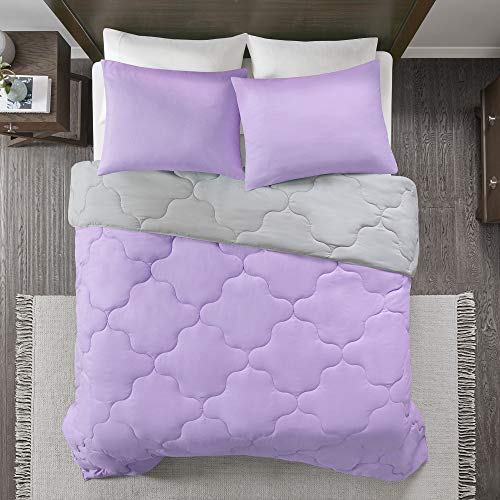 Comfort Spaces Vixie Reversible Comforter Set - Trendy Casual Geometric Quilted Cover, All Season Down Alternative Cozy Bedding, Matching Sham, Lavendar/Gray, Twin/Twin XL 2 piece | Down Alternative, All Season, Bedding for Bedroom, Geometric Pattern, Rev