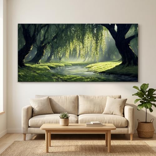 ZESTRILIA Willow Trees Forest Canvas Wall Art, Peaceful River Landscape Painting Print, Tranquil Serene Woods Nature Wall Decor for Living Room Bedroom Office (40x20 Inch) - color: Green Willow Forest