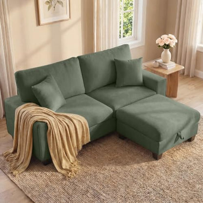 DOPEDIO 88.58" L-Shaped Sectional Couch with Storage Ottoman, Green | L-shaped sectional sofa with storage ottoman, chenille fabric, washable covers, pocket spring cushions, easy assembly - size: 88.58 inch-L, style: Green Chenille