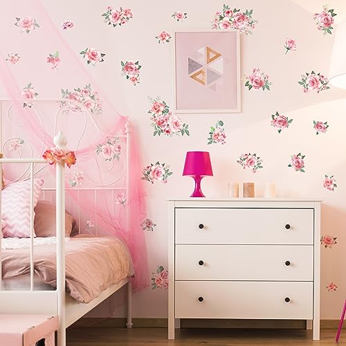 Pink Flowers & Green Leaves Wall Decals - Removable Peel & Stick Garden Floral Wall Stickers for Bedroom & Living Room - color: Pink