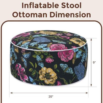 FUNHOME Inflatable Stool Ottoman Footrest with Handle D20 xH9 | Indoor Outdoor Footrest Seat, Water-Repellent, Footstool Pouf for Home Patio Garden and Camping Use - color: Black Flower Butterfly