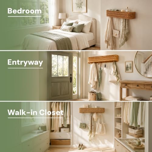 Rattan Coat Rack Wall Mount with Shelf, Hidden Hooks | 5 Hidden Hooks for Coats, Bags & Towels, Japandi Scandinavian Style