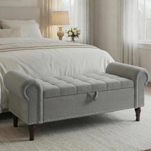 YOUDENOVA Ottoman with Storage, 51" End of Bed Bench with Rolled Arms, Upholstered Storage Bench with Vintage Rivets for Bedroom, Living Room, Entryway, Light Gray - color: Ligtht Gray, size: 51 Inches