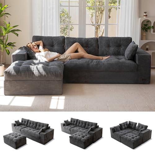 MAXYOYO Boneless Couch, 104-Inch L-Shaped Cloud Couch with Ottoman | Dark Grey Upholstered Sofa Features Layered Cushions and Flexible Modules with No Assembly, Ideal for Modern Living Rooms. - color: Dark Grey, size: 104" L Shape