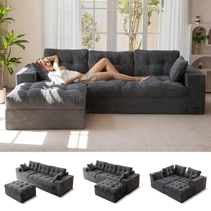 MAXYOYO Boneless Couch, 104-Inch L-Shaped Cloud Couch with Ottoman | Dark Grey Upholstered Sofa Features Layered Cushions and Flexible Modules with No Assembly, Ideal for Modern Living Rooms. - color: Dark Grey, size: 104" L Shape