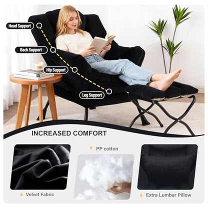Lazy Chair with Ottoman, Velvet Reading Chair with Pillow， Black | Comfy Accent Lounge Chair with Pillow & folding Foot Stool, sturdy metal frame for bedroom, dorm or apartment, Living Room - color: Pure Black