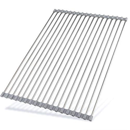 Hhyn Roll Up Dish Drying Rack 20.5"(L) x 13.8"(W), Gray | Stainless Steel and Silicone Dish Drying Mat Over The Sink Foldable Drain Rack Multipurpose Dish Drainer Extra Large - size: 20.5"(L) x 13.8"(W)