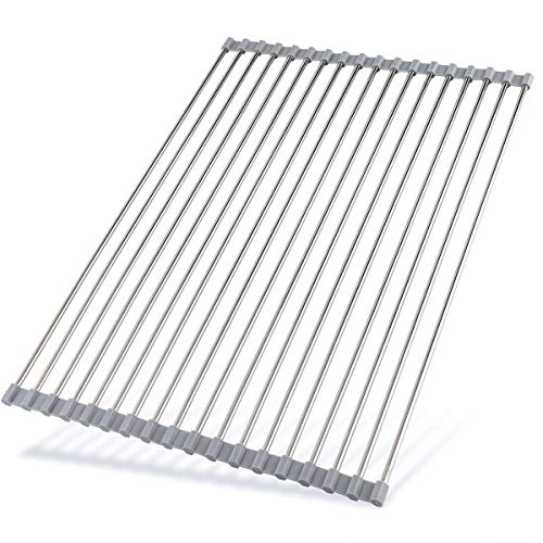 Hhyn Roll Up Dish Drying Rack 20.5"(L) x 13.8"(W), Gray | Stainless Steel and Silicone Dish Drying Mat Over The Sink Foldable Drain Rack Multipurpose Dish Drainer Extra Large - size: 20.5"(L) x 13.8"(W)