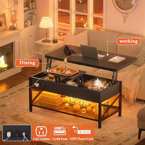 Aheaplus Lift Top Coffee Table with LED Light, Power Outlet & Shelves - Black - color: Black
