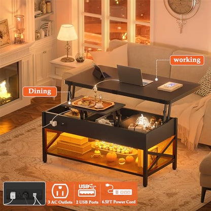 Aheaplus Lift Top Coffee Table with LED Light, Power Outlet & Shelves - Black - color: Black