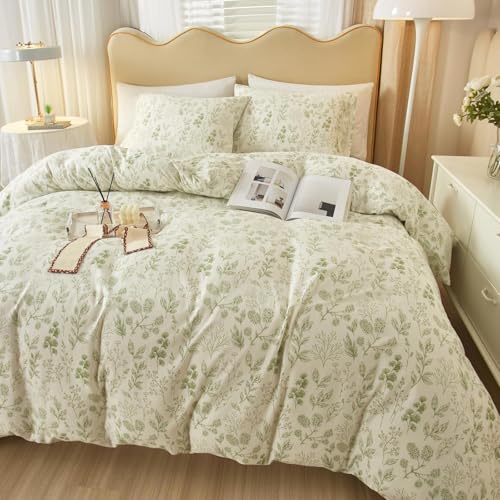 Vintage Boho Floral Duvet Cover Twin White Green Floral Print Bedding Set Cotton Botanical Floral Comforter Cover Garden Flowers Aesthetic Bedding Cover Boho Style Twin Duvet Cover with Zipper Closure - color: A2# Chic Green Floral, size: Twin(68"x86")