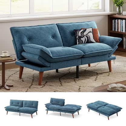 LINSY HOME Futon Sofa Bed, 70" Chenille Futon Couch with Adjustable Backrest Armrest, 3 in 1 Convertible Comfy Loveseat Sleeper Sofa Bed for Small Spaces Dorm Room Apartment Home Office, Blue