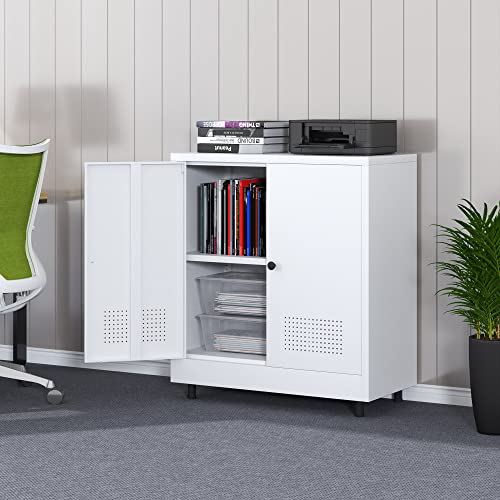 Metal Storage Cabinet with 2 Doors and Adjustable Shelf, Free Standing Accent Sideboard Buffet Cabinet for Home, Office, Entryway, Hallway, Living Room, Kitchen and Dining Room (White) - color: White
