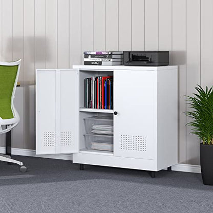 Metal Storage Cabinet with 2 Doors and Adjustable Shelf, Free Standing Accent Sideboard Buffet Cabinet for Home, Office, Entryway, Hallway, Living Room, Kitchen and Dining Room (White) - color: White