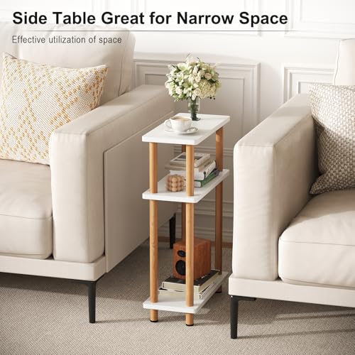 Apicizon Small Narrow Side Table, 3-Tier End Table, White Natural | Sofa Side Table, Slim End Table, Wood Storage Shelf, Slim Nightstand Bedside Table for Narrow Spaces, Living Room, Bedroom - color: White and Natural, style: Narrow Side Table