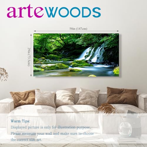 arteWOODS Waterfall Canvas Wall Art Living Room Decoration Large Nature Picture Artwork Modern Landscape Painting Green Forest Prints for Kitchen Office Wall Decor Home Decorations 29" x 58" - color: Green Forest Waterfall Stream, size: 58"L x 29"W