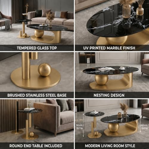 FT Global 2-Piece Nesting Coffee Table Set, 47.2-Inch Oval Coffee Table with 19.7-Inch Round End Table, Black UV-Printed Tempered Glass Tops, Brushed Gold Stainless Steel Bases