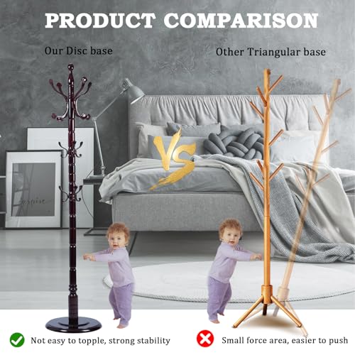 Coat Racks FreeStanding with 14 Hooks, Natural Wood Coat Rack with Solid Round Base, Adjustable Height Coat Racks, Easy Assembly for Hallway, Bedroom and Office (Rosewood Ruyi Hook) - color: Rosewood Ruyi Hook