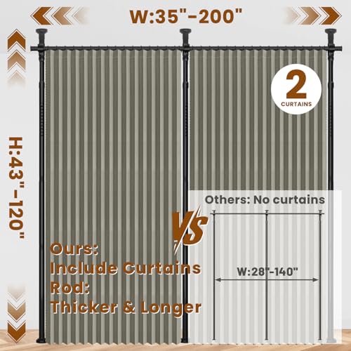 100% Blackout Room Divider Curtains Sets Grey 2 Panels W100 x L96in No Drill Curtain Rods(H) 43-120×(W) 35-200 in for Bedroom Privacy Partition Separator - color: Grey, size: 100"W x 96"L (Pack of 2)