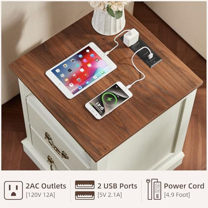 Farmhouse Night Stand with Charging Station, White | 2 Drawers End Tables Bedroom, Bedside Table with Rustic Handles & Floor-Standing Thickened Foot & Open Shelf - color: White, size: 18"D x 18"W x 24"H (2 Drawers)