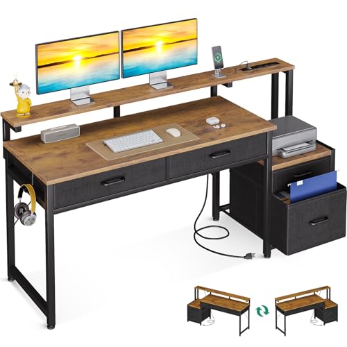 AODK Computer Desk with 4 Drawers, 55 Inch Office Desk with Printer Shelf & Built-in Power Outlet, Work Desk with Monitor Shelf for Home Small Spaces, Rustic Brown - color: Rustic Brown