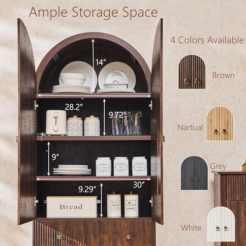 IFGET 71" Tall Arched Pantry Cabinet, Fluted Kitchen Storage Cabinet with Adjustable Shelves and 2 Large Drawers, Freestanding Morden Versatile Cupboard for Living Room, Bathroom, Brown - color: Brown
