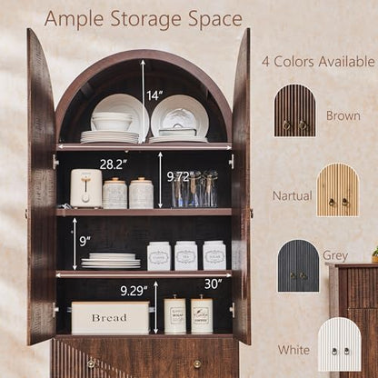 IFGET 71" Tall Arched Pantry Cabinet, Fluted Kitchen Storage Cabinet with Adjustable Shelves and 2 Large Drawers, Freestanding Morden Versatile Cupboard for Living Room, Bathroom, Brown - color: Brown