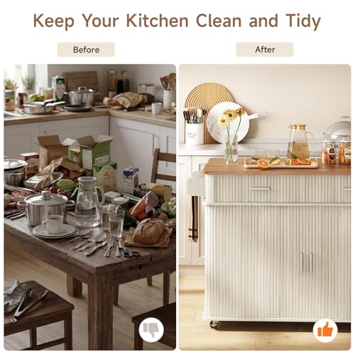 56" Kitchen Island on Wheels with Drop Leaf Countertop, Large Mobile Island Table with 2 Drawers and Spice Rack and Tower Rack, Mid-Century Modern Island Cart w/Storage for Kitchen, Off White - color: Off White