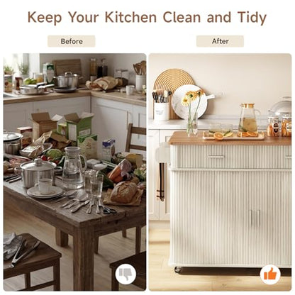 56" Kitchen Island on Wheels with Drop Leaf Countertop, Large Mobile Island Table with 2 Drawers and Spice Rack and Tower Rack, Mid-Century Modern Island Cart w/Storage for Kitchen, Off White - color: Off White