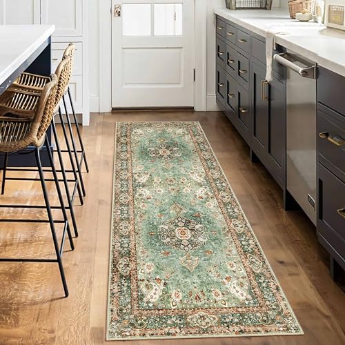 Washable Runner Rug 2x6,Long Green Rug Runners for Hallways | Boho Rugs Non Slip for Kitchen Bedroom Entryway Living Room Bathroom,Vintage Bohemian Distressed Oriental Floor Carpet - color: Green, size: 2'x6'