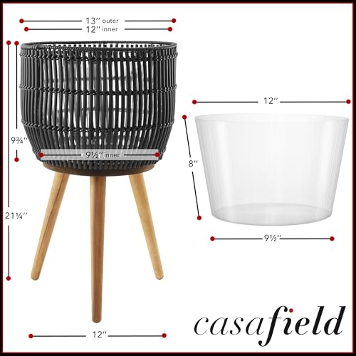 Casafield Indoor Planter with Stand, Black Floor Planter with Wood Legs, Large Plant Pot Cover with Liner for Houseplants, Flower Pots and Trees - color: Black With Natural Legs