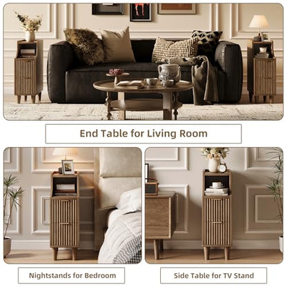 Fluted Nightstands Set of 2,Narrow Bedside Table with 2 Drawers & Storage, Farmhouse Walnut End Table Modern Side Table for Bedroom Livingroom Sofa Office - color: Walnut,7.9" With 2 Drawers