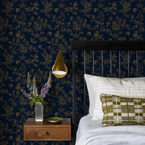 Simon&Siff Dark Blue and Glod Vintage Floral Birds Peel and Stick Wallpaper | 1200" x 17.3" Removable Self Adhesive Waterproof Contact Paper, Renter Friendly Wall Paper for Cabinets, Furniture, DIY Decor - color: Dark Blue and Gold, size: 17.3" x 1200"