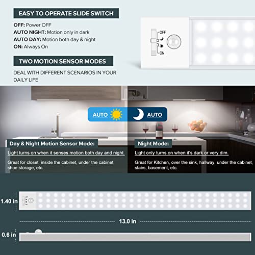 60 LED Closet Lights Battery Powered, BLS Super Bright Under Cabinet Lighting, Motion Sensor Light, Wireless, 2400mah Rechargeable Operated, 120 Days Run Time, 6000k Clean White-13 Inches - color: 5500K Daylight White-13 inches-1 Pack