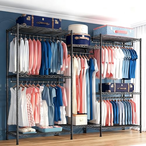 Raybee Clothes Rack,Clothing Racks for Hanging Clothes 900LBS Capacity Heavy Duty Portable Closet with 5 Hanger Rods & 8 Shelves for Walk-in Closet,Apartment - color: Black, style: Clothing Rack Only