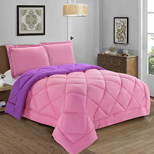 Elegant Comfort Reversible 3-Piece Comforter Set All Season, Ultra Soft, Down Alternative Comforter, Twin, Pink/Purple - color: Pink/Purple, size: Twin/Twin XL