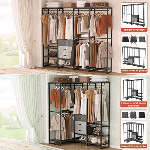 Aheaplus Wood Clothes Rack Wardrobe Organizer for Hanging Clothes, Heavy Duty Garment Rack, Large Corner L Shaped Closet System with 3 Wood Drawers, White and Grey - color: Black Oak