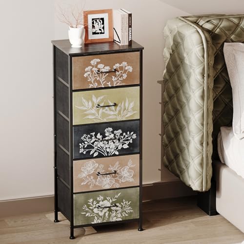 Vintage Dresser Vertical Nightstand with Neutral Botanical Plant Fabric Chest Drawers for Closet Bathroom Storage Tower Unit Bed Side Organizer Farmhouse Rustic (Multi, 5 Drawers) - size: 11.8"D x 15.8"W x 38.5"H (5 Drawers)