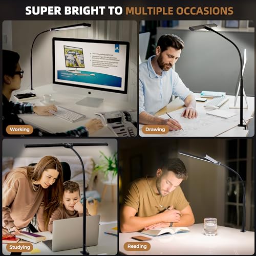 Motumen Led Desk Lamp for Home Office, Eye-Care Desk Light Clamp, White | Smart Double Head Computer Monitor Table Clip Lamp, Adjustable Flexible Goose-Neck, 25 Lighting Models, Task Lamp - color: White and Sliver