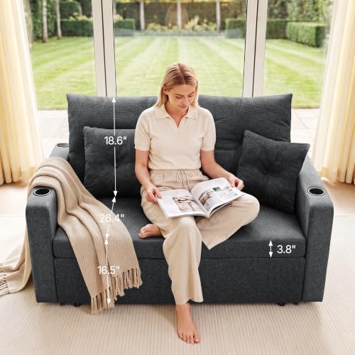 Krcix 3 in 1 Sofa Bed, 56" Pull Out Couch, Convertible Loveseat Sleeper | Sleeper Sofa with Cup Holder, Storage Pocket, USB, Family Couches for Living Room, Bedroom, Apartment, Dark Grey