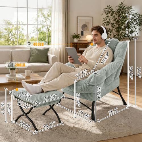 Lazy Chair with Ottoman, Modern Skinny Lounge Chair with Footrest | Foldable Footrest, Padded & Backrest with Side Pocket, Comfy Accent Reading Chair for Living Room & Small Spaces, Green - color: Light Green