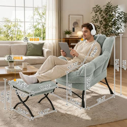 Lazy Chair with Ottoman, Modern Skinny Lounge Chair with Footrest | Foldable Footrest, Padded & Backrest with Side Pocket, Comfy Accent Reading Chair for Living Room & Small Spaces, Green - color: Light Green