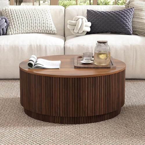 31.5" Round Coffee Table with Storage, Mid Century Modern Coffee Tables with Fluted Base, Wooden Circle Accent Center Table for Living Room Small Space Apartment Office (Walnut) - color: Walnut 31.5" Round Flip-top