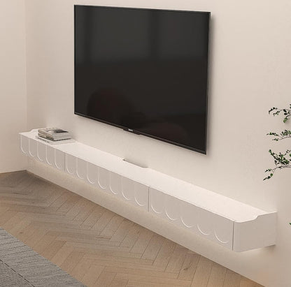 Floating TV Shelf in Solid Wood, 81'' High Gloss Wall Mounted TV Cabinet, Floating Shelves with Door & Drawers, Modern Entertainment Media Console Center Large Storage TV Bench (White) - size: 80.71''