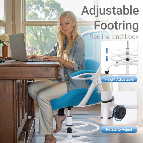 400lbs Heavy Duty Drafting Chair 5" Thickened Seat Office Chair with Flip-Up Armrests Tall Ergonomic Computer Chair with Lumbar Support and Adjustable Footrest Ring Standing Desk Chair (Blue) - color: Blue