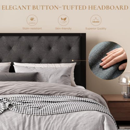 SHA CERLIN Queen Size Metal Bed Frame and Linen Tufted Headboard, Dark Gray | Modern Design Heavy-Duty Platform Bed, No Box Spring Need, Linen Fabric Upholstery, Noise Free, Easy Assembly - color: Dark Grey, size: Queen