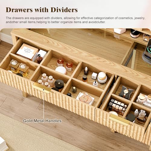 Arulvmrn Makeup Vanity Desk with Mirror and Lights, 43.3'' Glass Tabletop Vanity Table with 5 Drawers & Shelves,Big Vanity Set for Bedroom, Oak - color: Oak