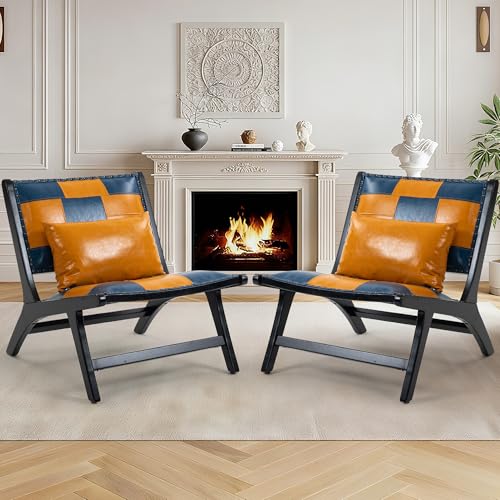 Accent Chair, Modern Comfy Genuine Leather Armless Accent Chairs | Mid-Century Anthropologie , Lounge Arm Chair with Solid Wood, Floral Pattern Sofa Chair for Living Room/Balcony/Bedroom - color: Leather-yellow-1818