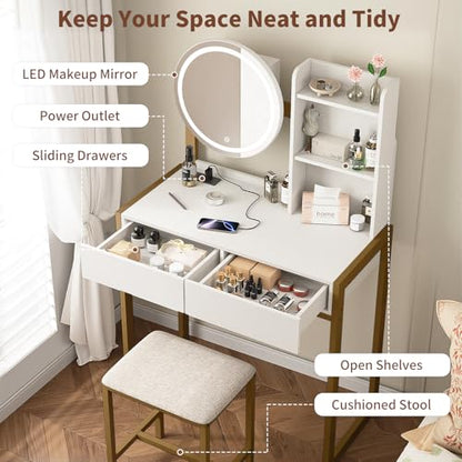 Small Vanity Desk with Mirror and Lights, Makeup Vanity Table with LED Mirror, 3 Lighting Modes, Power Outlet, Drawer, Open Shelves and Cushioned Stool for Bedroom (Gold) - color: Gold