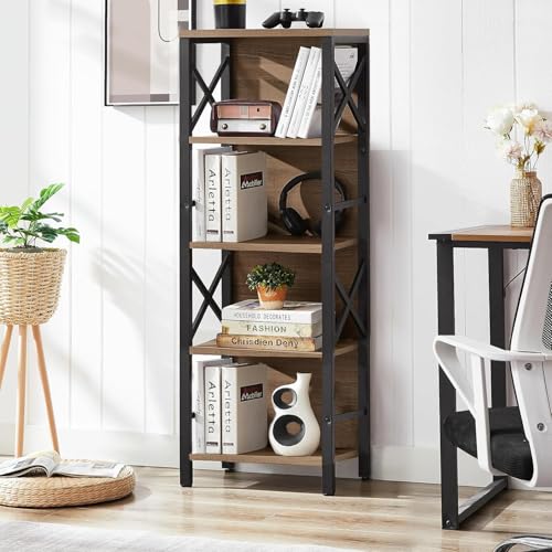 MNEETRUNG Small Bookshelf,5 Tier Industrial Bookshelf with Metal Frame and Backboard,Narrow Rustic Brown Book Shelf,Book case for Small Spaces,Living Room,Bedroom and Home Office - color: Brown, size: 5-Tier (14.9"W x 10.2"D x 48.8"H)